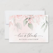 赤面の花，ピンクの花，緑結婚, s サンキューカード (正面)