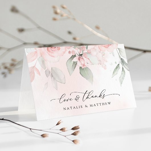 赤面の花，ピンクの花，緑結婚, s サンキューカード