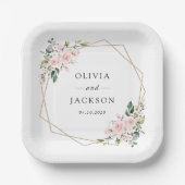 赤面の花，ピンクの花，緑結婚, s ペーパープレート (正面)