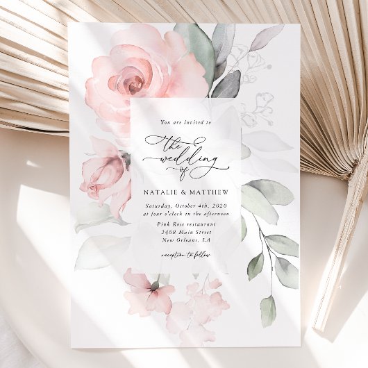 赤面の花，ピンクの花，緑結婚, s 招待状