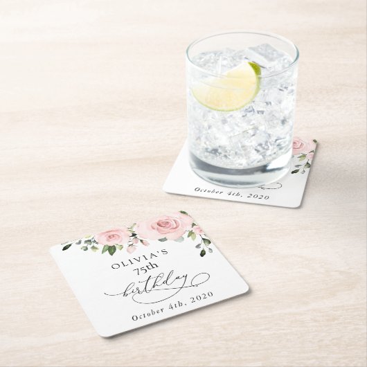 赤面の花,ピンクの花,緑,誕生日 スクエアペーパーコースター (インサイチュ)