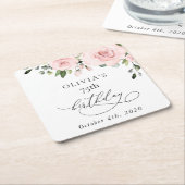 赤面の花,ピンクの花,緑,誕生日 スクエアペーパーコースター (アングル)