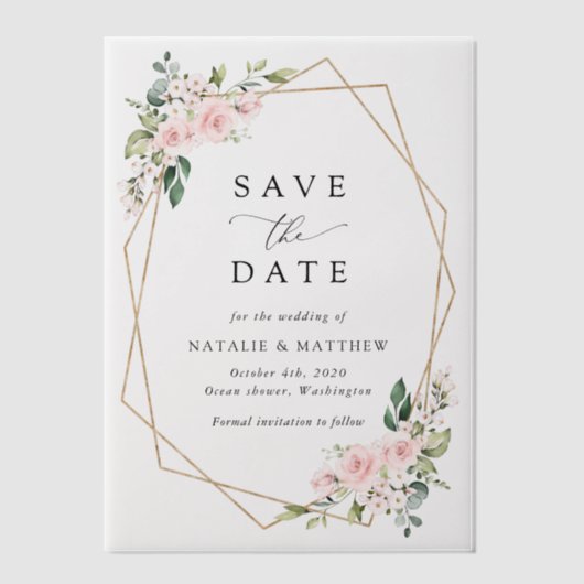 赤面の花，ピンクの花， Boho，日付を保存 ベラム紙招待状 (正面)