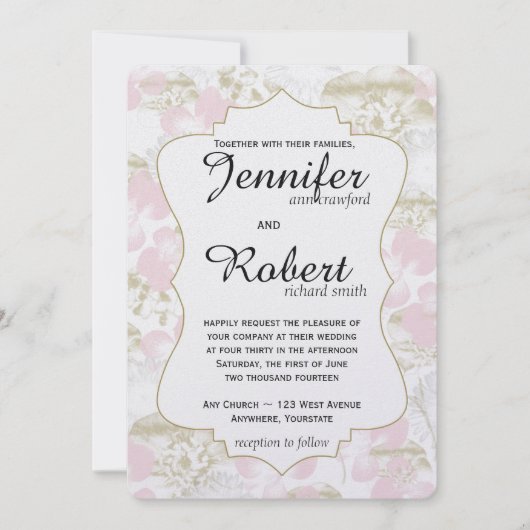 赤面の金ゴールドの花の金属結婚式招待状 招待状 (正面)