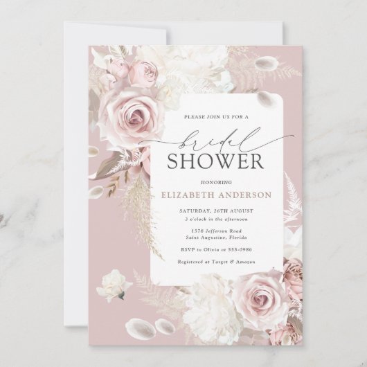 赤面ほこりっぽいバラフローラユニークブライダルシャワー 招待状 (正面)