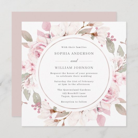 赤面ほこりっぽいバラフローラ水カラーリース結婚ズ 招待状 (正面/裏面)