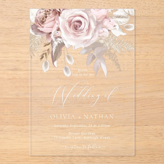 赤面ほこりっぽいバラボホトニングオールシーズ結婚ンズ アクリル招待状 (正面)