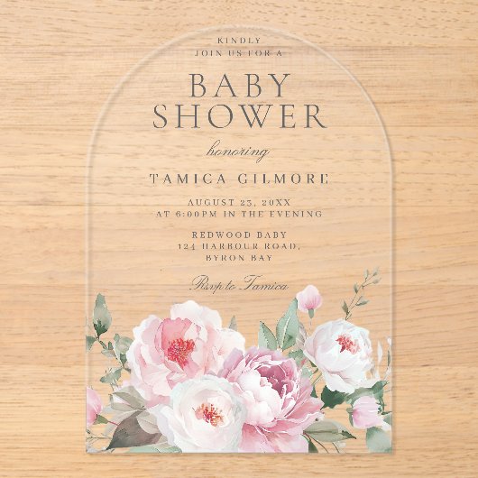 赤面ほこりっぽいバラ植物性フローラベビーシャワー アクリル招待状 (正面)