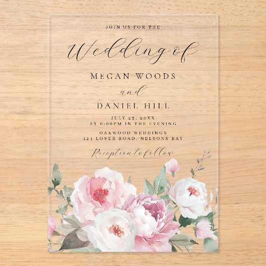 赤面ほこりっぽいバラ植物性フローラ結婚ズ アクリル招待状 (正面)