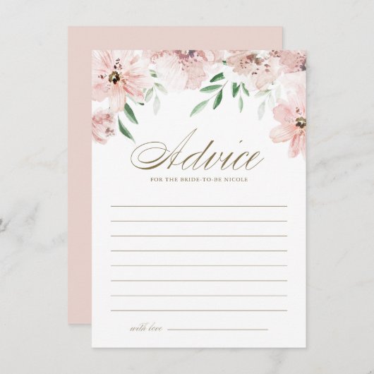 赤面ほこりっぽいピンクの水の色の花ブライダルシャワー アドバイスカード (正面/裏面)
