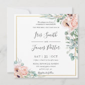 赤面ほこりっぽいピンクポピーフローラ緑結婚色 招待状 (正面)