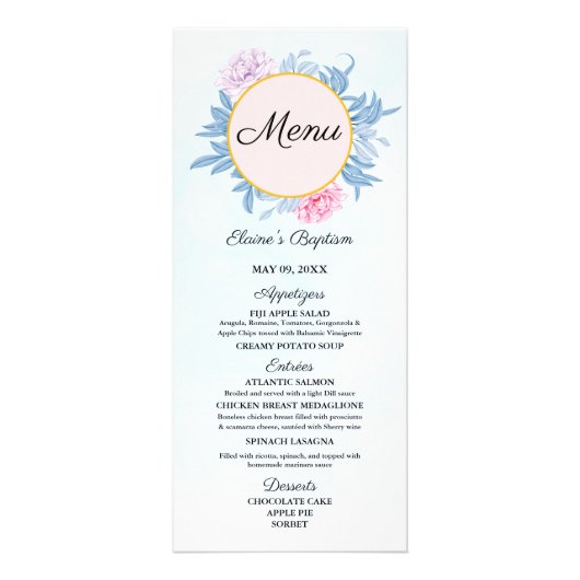 赤面ほこりっぽい青い水の色ほこりのバプテスマのメニュー ラックカード (正面)