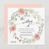 赤面アイボリーバラリース葉結婚の水彩 招待状 (正面/裏面)
