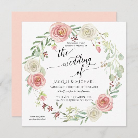 赤面アイボリーバラリース葉結婚の水彩 招待状 (正面/裏面)