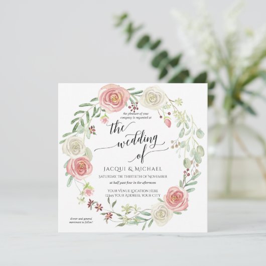 赤面アイボリーバラリース葉結婚の水彩 招待状 (スタンド正面)