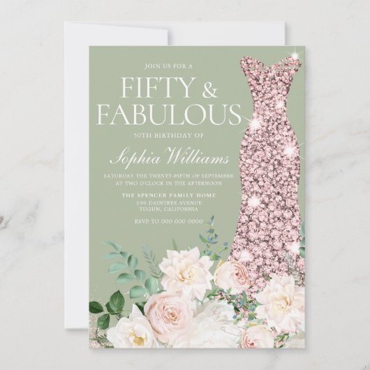 赤面アイボリーフローラセージバラ金ゴールド50誕生日 招待状 (正面)