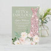 赤面アイボリーフローラセージバラ金ゴールド50誕生日 招待状 (スタンド正面)