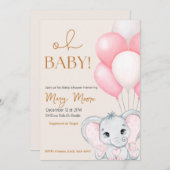 赤面アイボリー象ピンクバルーン赤ちゃんシャワー 招待状 (正面/裏面)