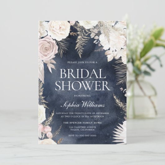 赤面アイボリー&ネイビーウォーターカラーボホブライダルシャワー 招待状 (スタンド正面)