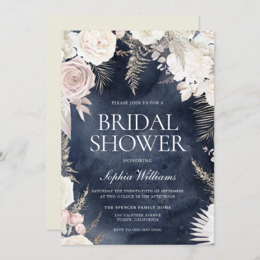 赤面アイボリー&ネイビーウォーターカラーボホブライダルシャワー 招待状 (正面/裏面)