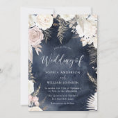 赤面アイボリー&ネイビー水色スプラッシュボホ結婚ズ 招待状 (正面)