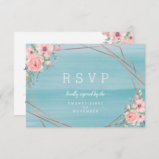 赤面アクアビーチシーウォーターカラーフローラ結婚ズ 出欠カード (正面/裏面)