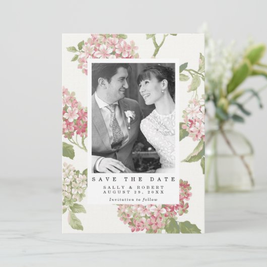 赤面アジサイ写真の結婚式を保存する日付カード サンキューカード (スタンド正面)