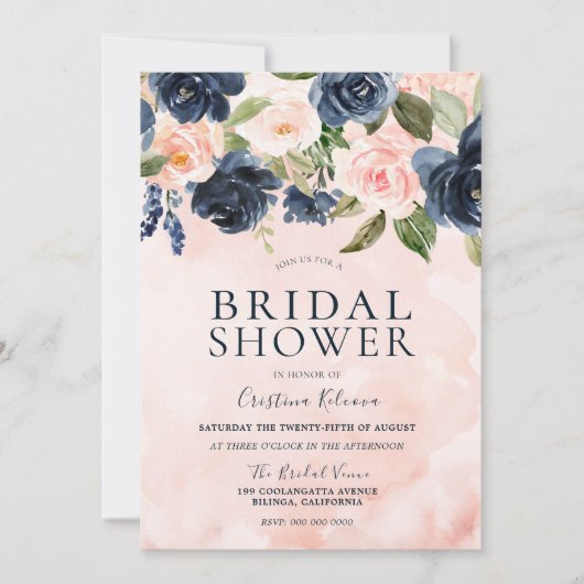赤面ウォーターカラーネイビーフローラブライダルシャワー 招待状 (正面)