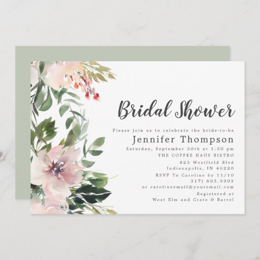 赤面ウォーターカラーフローラ&グリーンブライダルシャワー 招待状 (正面/裏面)