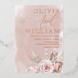 赤面ウオーターカラーピンクローズ結婚金ゴールド 箔招待状