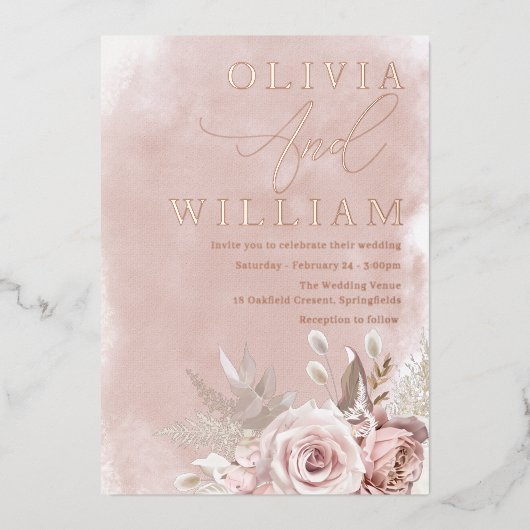 赤面ウオーターカラーピンクローズ結婚金ゴールド 箔招待状 (正面)