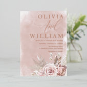 赤面ウオーターカラーピンクローズ結婚金ゴールド 箔招待状 (立ち正面)