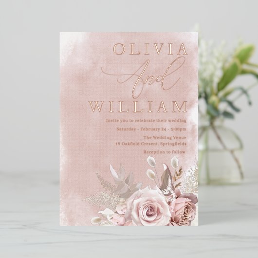 赤面ウオーターカラーピンクローズ結婚金ゴールド 箔招待状 (立ち正面)