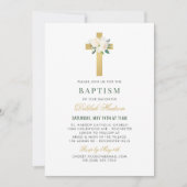 赤面エレガントグリーン金ゴールドフローラクロスガールバプテスマ 招待状 (正面)