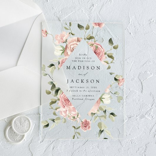 赤面エレガントバラと緑結婚の木 アクリル招待状