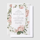 赤面エレガントバラと緑結婚の木 ベラム紙招待状 (オフセット)