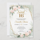 赤面エレガントバラ及びユーカリ金ゴールドグリッター 招待状 (正面)