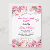 赤面エレガントバラ蝶引っ越し祝いパーティーパーティー 招待状 (正面)