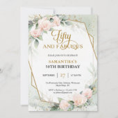 赤面エレガントバラ、ユーカリ及び金ゴールド枠 招待状 (正面)