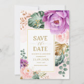 赤面エレガントパープル熱帯フローラ保存日 招待状 (正面)
