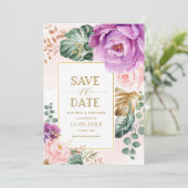 赤面エレガントパープル熱帯フローラ保存日 招待状 (スタンド正面)