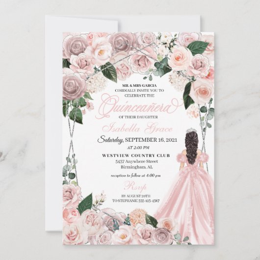 赤面エレガントピンクとシルバーフローラキンセアニェラI 招待状 (正面)