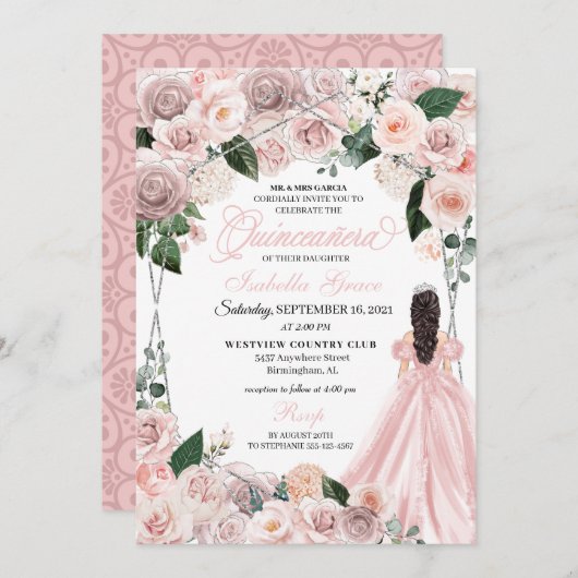 赤面エレガントピンクとシルバーフローラキンセアニェラI 招待状 (正面/裏面)