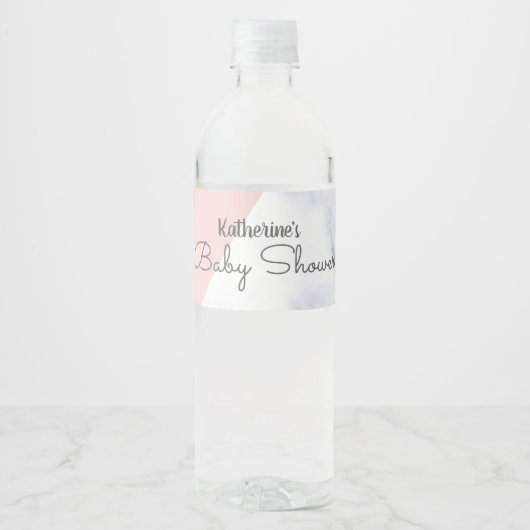 赤面エレガントピンクと白の大理石の赤ちゃんシャワー ペットボトルラベル (正面)