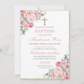 赤面エレガントピンクと金ゴールドフローラバプテスマ 招待状 (正面)