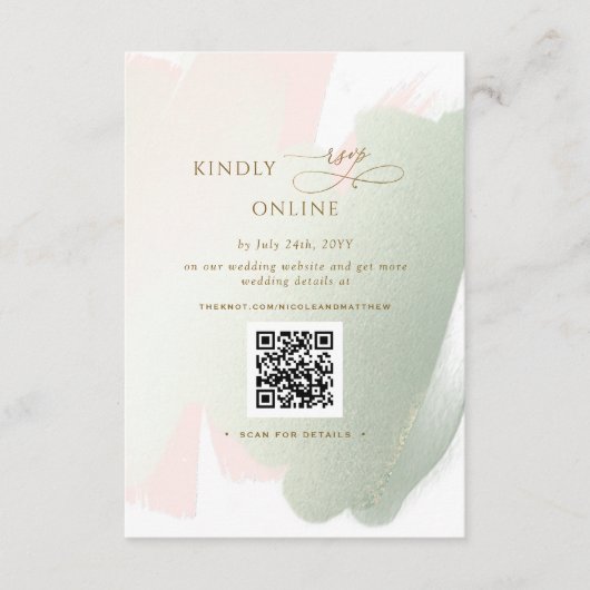 赤面エレガントピンクとSage RSVPオンライン、QRコード エンクロージャーカード (正面)