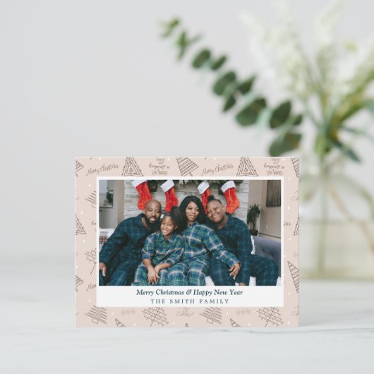 赤面エレガントピンクのクリスマスグリーティングと写真 シーズンポストカード (スタンド正面)