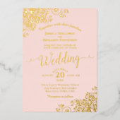 赤面エレガントピンクのゴールドフォイル結婚レース 箔招待状 (正面)