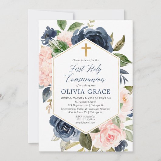 赤面エレガントピンクのネイビーガールファースト聖餐式 招待状 (正面)