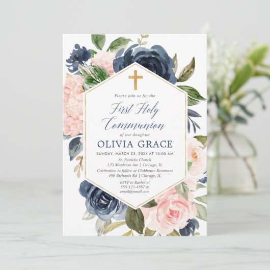 赤面エレガントピンクのネイビーガールファースト聖餐式 招待状 (スタンド正面)